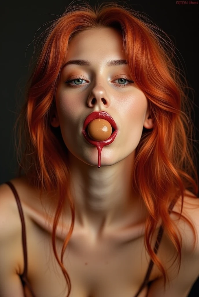 Ginny Weasley on her knees with her tongue hanging out, with her face full of semen and looking longingly at a big brown penis