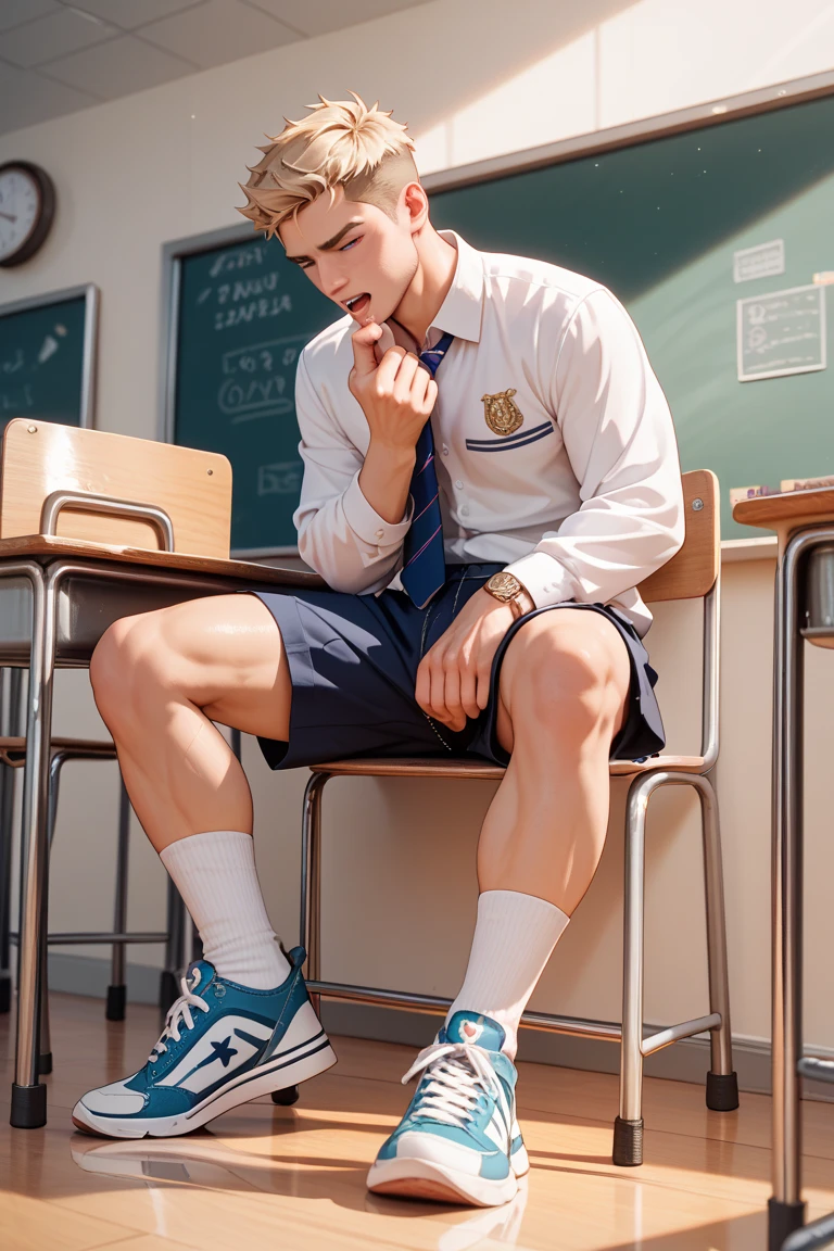 Libido boy,Justin Bieber swimmer, (((big bulge, muscular, bulgeJ8)))),Reclining,first person perspective,spread legs,dark atmosphere,8K,Cinematic lighting effects,textured skin,best quality,Narrative images,Narrative images,dynamic blur,action pose,Height angle of view,Physical education student,panties cover huge penis, big fat dick covered with fabric ,Classroom,brown skin,abs,full body, Bare legs,White short socks,sitting,Undress