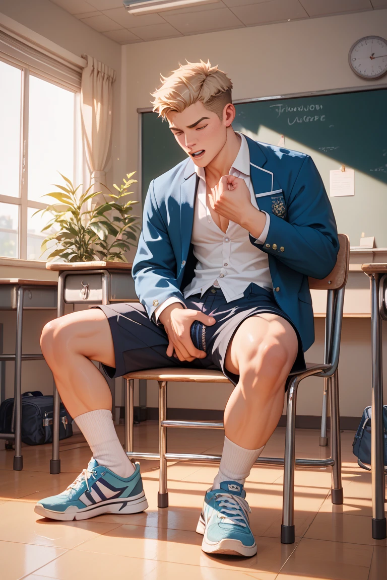 a 20 years old male, wearing blue shorts, big male bulge, black transparent sheer socks, sat on desk at school