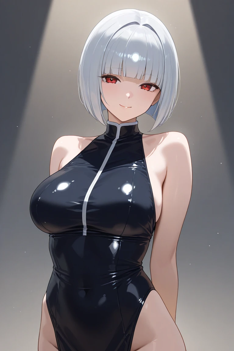 8k quality, Japanese, black swimsuit, black skirt,sexy, clean body, white hair, massive breasts, shy, short hair, lies, arched, chubby, wide hips, smiling, ass, back view 