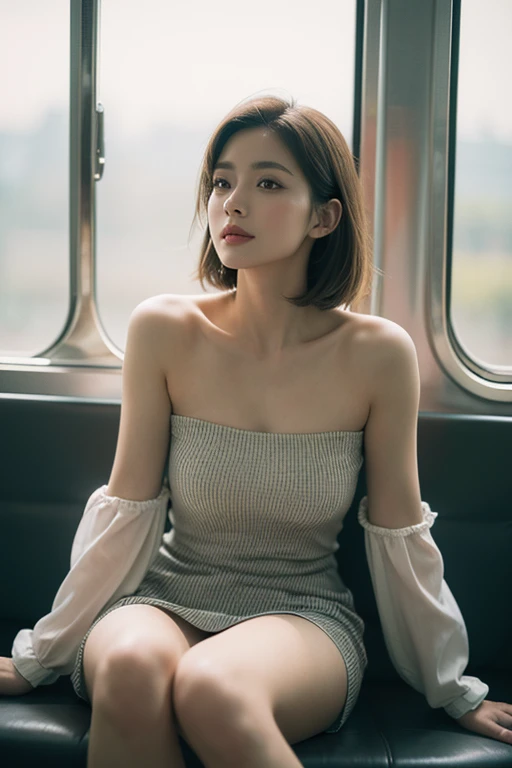 (Best quality, Ultra detailed, Golden ratio, Masterpiece:1.2), Theatrical lighting:0.7, Photo of a japanese woman, dressed in a very elegant and pretty dress, Perfect rare face, (Highly detailed skin), randomly dyed hair, Hide your mouth with your hands、Ridicule, skin texture, Pale skin, shiny skin, (thin, large size:1.2), [:(Sharp focus on rare face, perfect eyes:1.2):0.2], photorealistic, film grain, Put one foot forward、from below looking up、look at camera、Emphasize the shoulders, Focus on face、Stockings、glasses、Smile with corners of mouth raised、disdainful expression, summer haze, muted colors, muted warm colors, Photo cinematic portrait of a woman dressed in a striped dress sitting by the window in the early morning, cinematic, (tilted:1.3) (on an old train) look cautious, standing under a spotlight, volumetric dust clouds, key light, backlight, soft natural lighting, photography Film grain ISO 400 30 mm lens RAW f1.8 aperture, highly detailed (analog photography:1), colors hdr