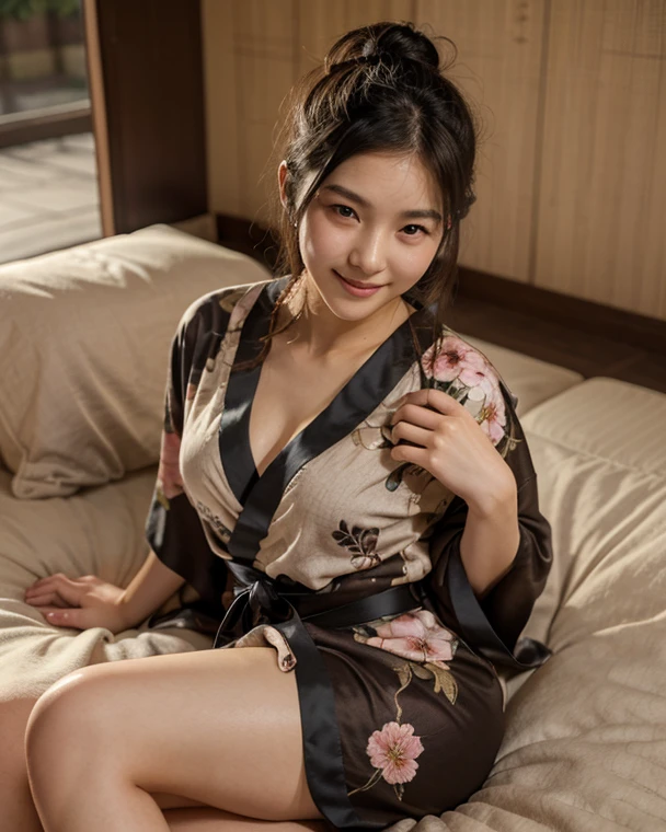 Meisterwerk, (Pink kimono), Seductive face, good lighting, Decollete, finelydetail, Meisterwerk, Glowing eyes, 1girls, brunet,  Nezuko Takedo, Buildings、Rooftop background of skyscraper, Meisterwerk, maximum quality,Entire body, thin-waist,small-medium breasts、thighhights、Crouching、
