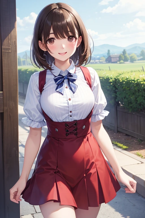 ((Table top, best quality, high resolution, nffsw, Perfect Pixel,  4K, nffsw, nffsw))), 1girl in, Einzel, alone, beauty、Full body view、 ((medium wave hair, bangs, Brown hair)), ((Brown Eyed, Beautiful eyelashes, realistic eyes)), ((detailed face, Blush:1.2)), ((Smooth texture:0.75, realistic texture:0.65, photorealestic:1.1, Anime-CG-Stil)), medium breasts, dynamic angle, perfect body,  ((red bow tie, , , White shirt, black skirt, checked skirts)), City stairs、View from the bottom of the stairs、Very embarrassing panic smile、Open your mouth and make a surprised face、 turned around、Bend forward、(The wind blew my skirt around and exposed my butt..........................、stick your butt out、Touching the buttocks with both hands、pink lace panties)、