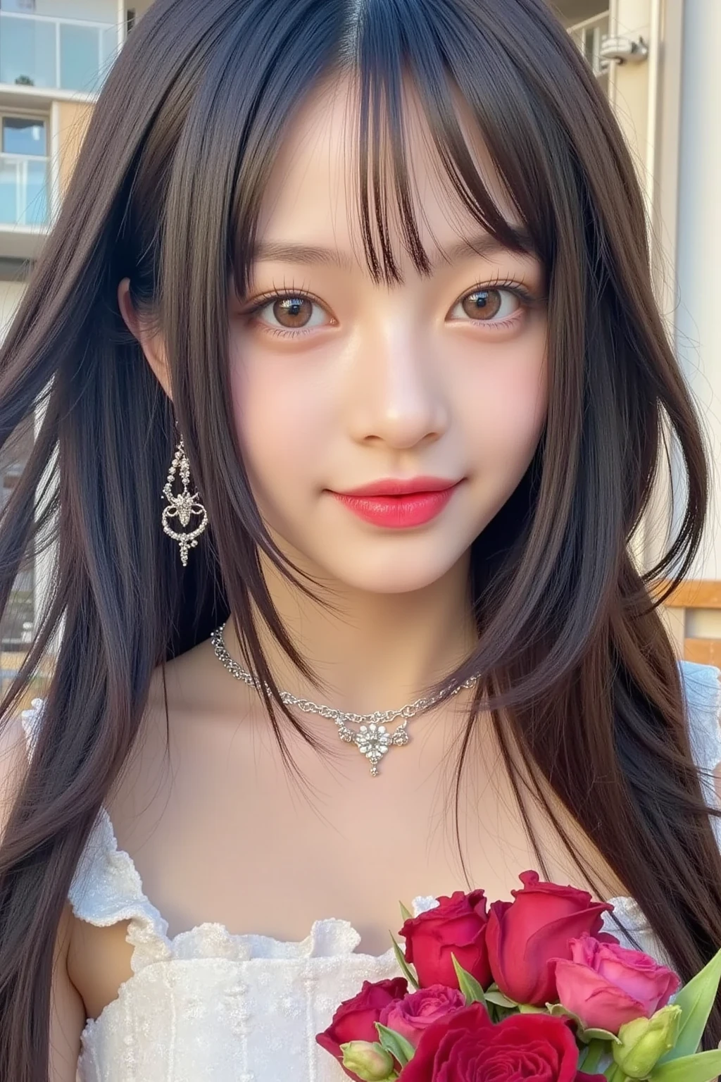 Araffe woman dressed in red sitting in front of a Christmas tree, Nicha Yontararak, Nicha Yontararak de (G)I-DLE, ulzzang, con flequillo, con flequillo completo, Minnie de (G)I-DLE, portrait of Nicha Yontararak of (G)I-DLE, she has black hair con flequillo, Jinyoung Shin, Sha Xi, Tohsaka also., Retrato Nicha Yontararak