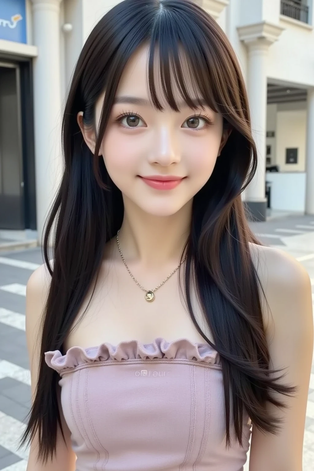 (Highest quality,masterpiece:1.3,Ultra-high resolution,),(Ultra-detailed,Caustics),(Photorealistic:1.4,RAW shooting,)Ultra-Realistic Capture,Very detailed,High resolution 16K human skin closeup。 The skin texture is natural、,Pores、It must be detailed enough to be easily identifiable.。 Skin should look healthy and have an even tone。 Use natural light and color,restaurant,Waitress uniform,1 girl,Japanese,18-year-old,cute,Black-haired,Mid-length hair,Large Breasts,smile,Turn your body forward,(View from the front:1.1),Looking into the camera,Cowboy Shot,sight,focused on the chest,close