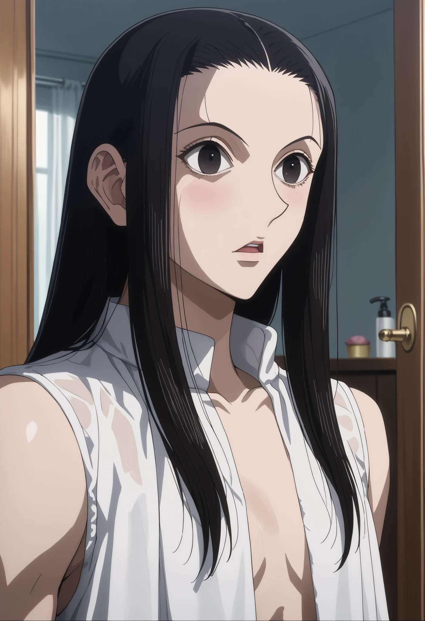 score_9, score_8_acima, score_7_acima, fonte_anime, Rating_seguro, IllumiHXH, Illuminated black eyes, cabelo preto Illumi, 1 , foco masculino, anime screenshot,IIllumi is surprised plugging her hair with a shirtless towel the bathroom door is between open .