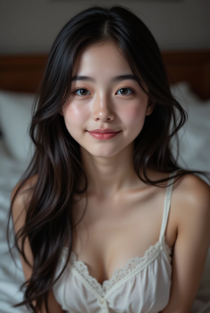 Age 35、Female Brown Hair 、cute 、Japanese　、Photo from the waist up　Like taking a selfie　Medium Hair　In underwear　F cup bust　Show off your cleavage　Bust-up photo from above
