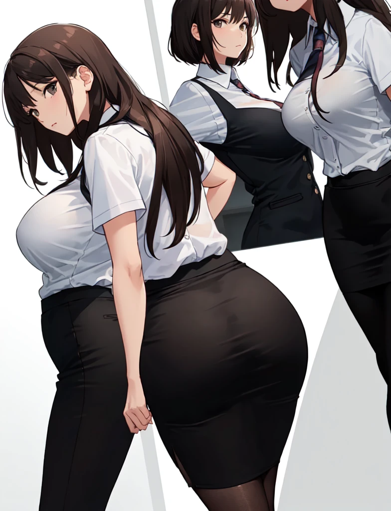 slim, (wide hips, thick thighs), scared, slender, looking at viewer, bound arms, arms behind back, (dress shirt, tie, pencil skirt), in office building, (masterpiece), (best quality:1.2), absurdres, intricate details, (highly detailed skin:1.2), <lora:bound_arms_v1-000006:1>, heterochromia,