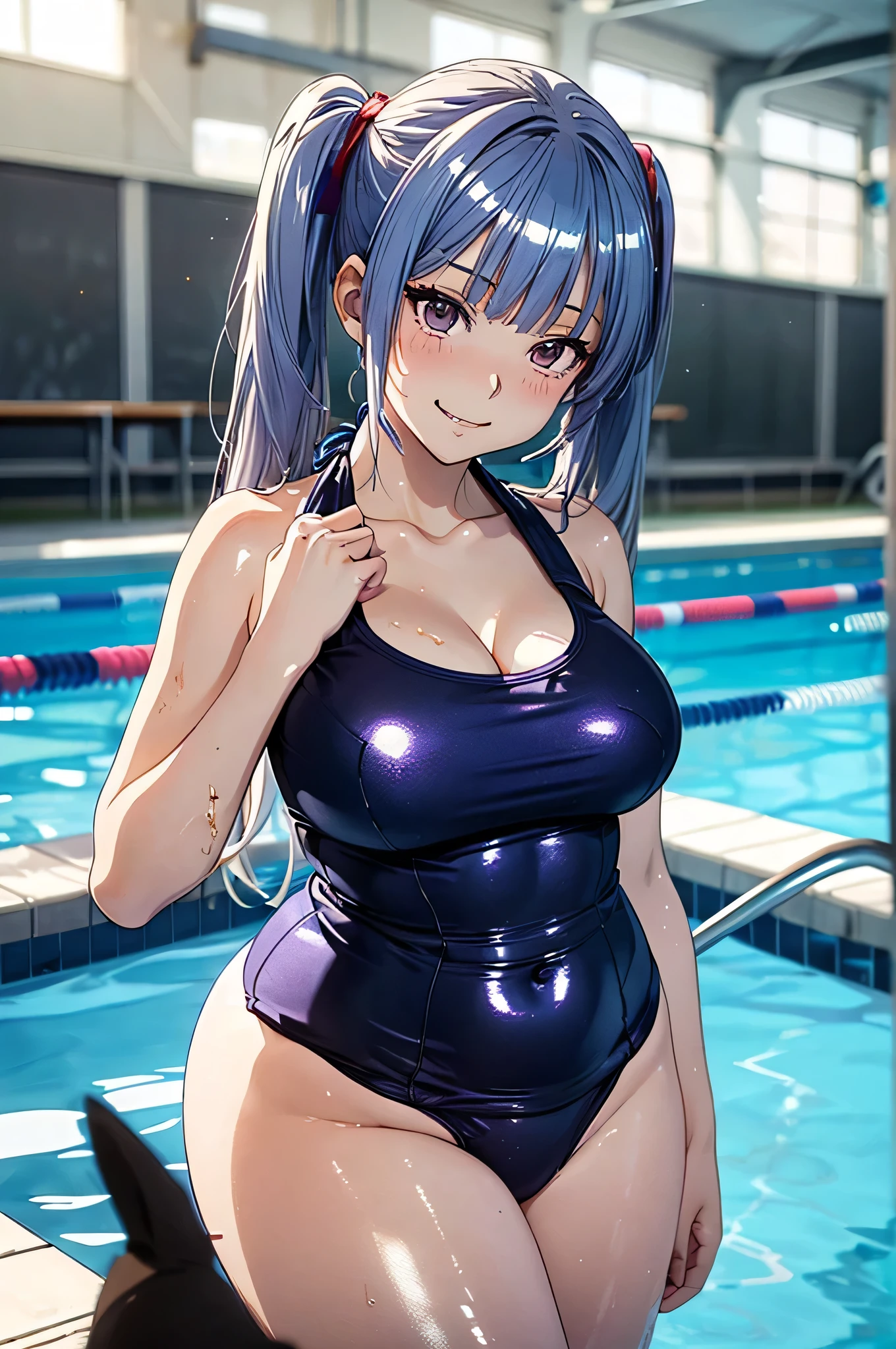 ((masterpiece, best quality, high resolution, UHD, pixel perfect, depth of field, 8k, RTX, HDR))cowboy shot, BREAK, 1 girl, Glossy skin, sharp, Beauty of perfect body, realistic shadow perfect body, cleavage, ("School swimsuits, Navy, transparent ":1.2), medium breasts, erect nipples, long hair, blue hair with black hair roots, green eyes, well defined eyes, high definition eyes, eyelashes and black shadow under the eyes, blushing, high gloss eyes, shiny skin, sharp, Perfect Body Beauty, BREAK, looking at the viewer, (dynamic pose:1.1),upper legs, Side of the pool, crouched, leg wide open, body wet and dripping water, sexy posture, legs, round ass, in a school pool.