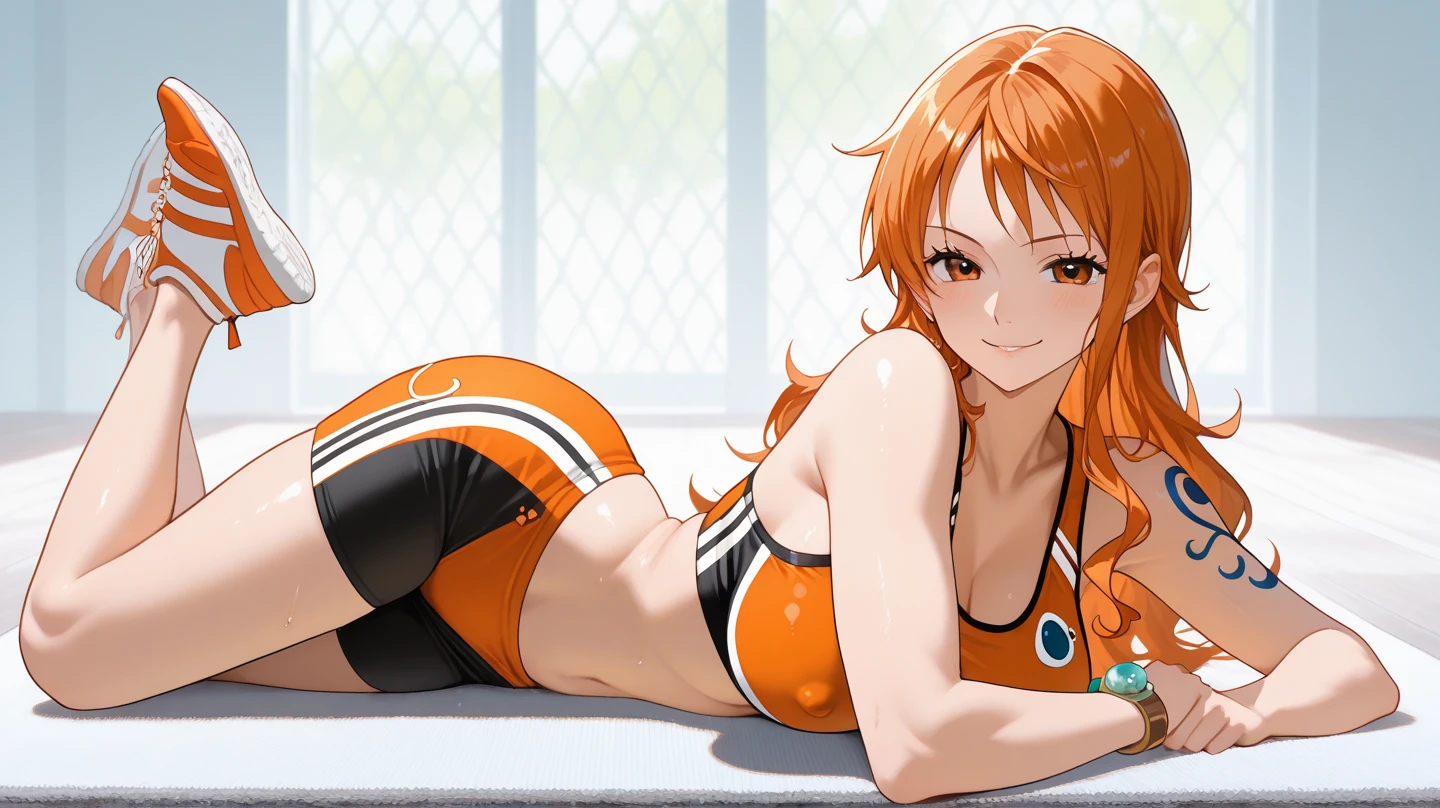 anime girl laying on tennis court with tennis racket in hand, photorealistic anime girl render, Smooth Anime CG Art, asuka suit under clothes!, Cute anime girl rendering, Realistic anime style, Asuka Langley Souryu, the anime girl is crouching, an anime girl, realistic anime, Asuka Langley