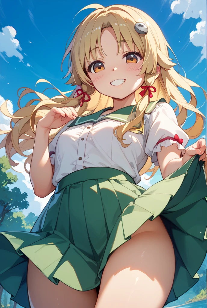 ((masterpiece, best quality)),(masterpiece), illustration, anime, 1girl,(15 years old),long blonde hair,dropping green eye, smile face, cloud, flow,(skirt lift),show off panties,(white panties), ,