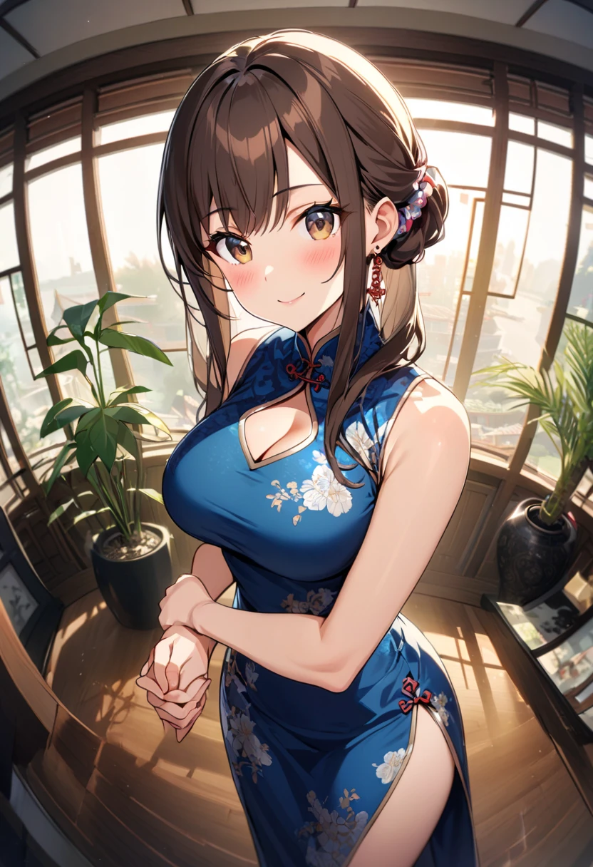 slender, mature female,breasts, 1girl, rating:safe, earrings, dress, smile, cleavage, brown_eyes, jewelry, brown_hair, chinese_clothes, china_dress, large_breasts,  looking_at_viewer, bare_shoulders, own_hands_together, cleavage_cutout, plant, hair_ornament, closed_mouth, solo, blush, potted_plant, interlocked_fingers, sleeveless, bangs, indoors, side_slit, holding_hands, long_hair, blue_dress, hands_clasped, backlighting, sleeveless_dress, hands_together, floral_print, sidelocks, scrunchie
