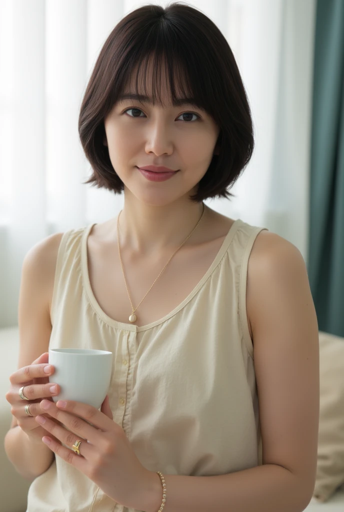 (RAW photo、highest quality)、(real、photorealistic:1.3)、masterpiece、very delicate and beautiful、very detailed、CG、sense of unity、2k wallpaper、amazing、fine details、light smile、very detailed CG uniformity 8k wallpaper、huge file size、Super detailed、High resolution、disorganized、soft light、medium hair、brown hair、Floating Hair Novafrog Style、beautiful detailed girl、detailed fingers、very detailed目と顔、beautiful detailed nose、beautiful detailed eyes、long eyelashes、Bright on the face、looking at the camera、closed mouth、1 girl、cute、young、whole body、big breasts、real face、Real body、beautiful detailed thighs、costume：one piece、black eye，Beauty Salon