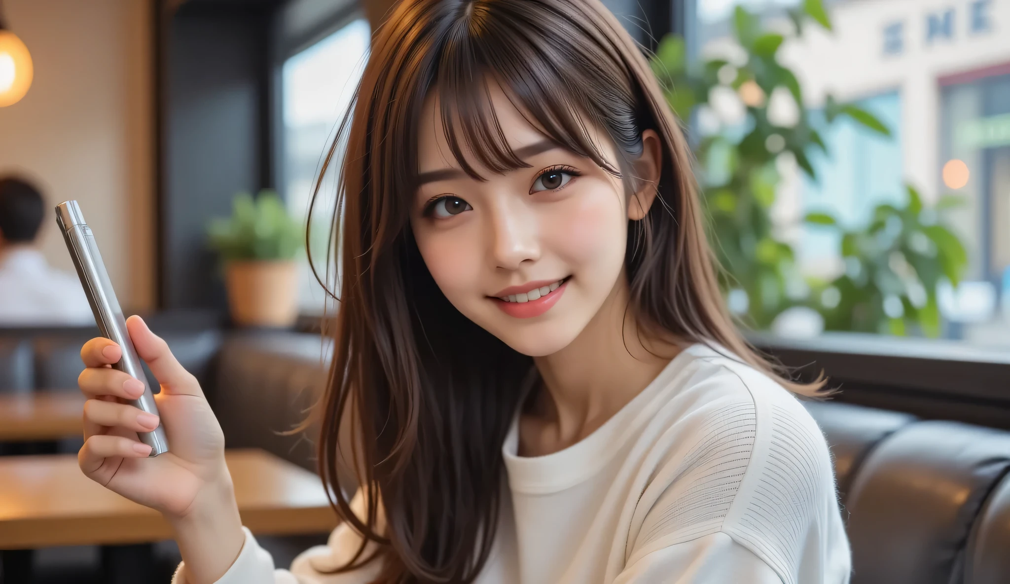 (( of the best quality 、8k、masterpiece:1.5))、1 personの、Alone, Smile、 bangs、 super detailed face 、 Khaki sleeveless with super detailed opening、 detailed eyes、( selfie:1.5)、(1 person)、Look Up、( white sweater)、long sleeve、((breast swelling 1.3))、 lip gloss、 long hair、((outdoor cafe background))、 Extreme light and dark 、28 years old、selfie、 Natural Light、dark haired、upper body、sit on the sofa、long hair、shows teeth and laughs、plant