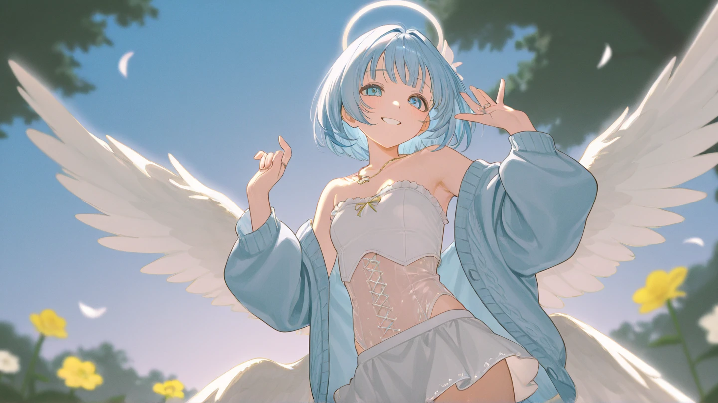 ((Masterpiece)),(Best Quality),(Highest resolution),(8K),(Clean lines),(Perfect Face,Perfect meat),(Official Art),(魔法child),, 8-year-old, Cute white outfit, Short Hair, ribbon, huge breasts, Big angel wings, magic circle, Night Sky, smile