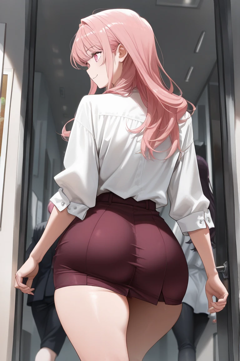 (best quality), (1girl with gigantic buttcrack:1.3) in a casual outfit at crowded work office, skirt, polka dot pink panties, skinny waist,  middle of panty stuck up buttcrack