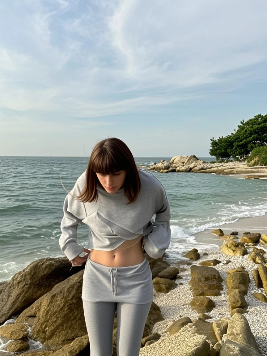 there is a girl that is standing and facing at lake side with her arms out, wearing a plain white sweat shirt white pajama, full body in view, wearing a colorful cool sweat shirt, on the lake, full body wide shot, full body length shot, look, facing lake . back facing only, short hair, cheering, back showing, wide arms,