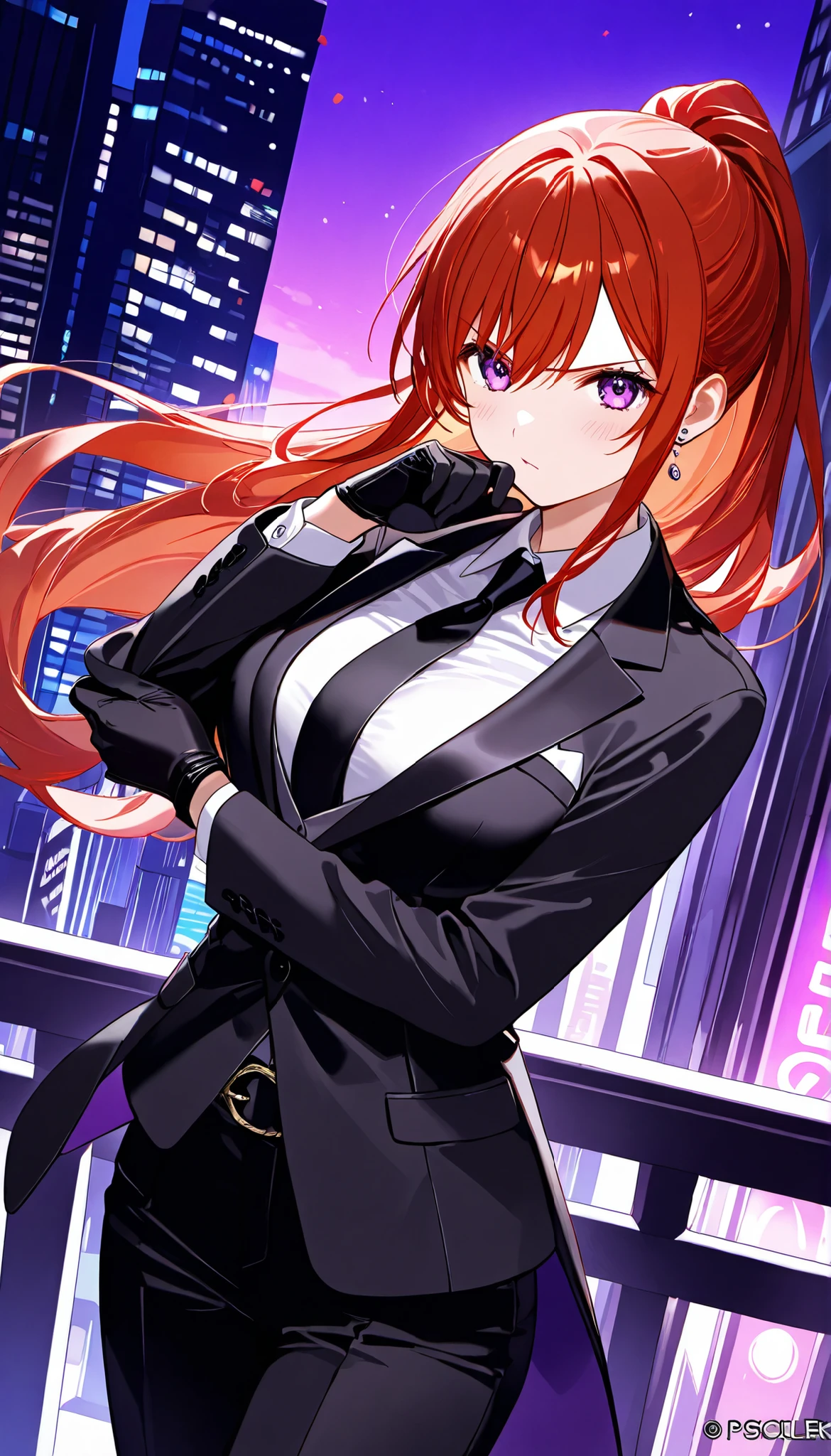 top quality、High Definition、4K,score_9 , score_8_up , score_7_up、floded ponytail、long hair、amber hair、amber color hair、purple eyes、purple eyes、hanging eye、Glaring、((black suit）（（formal suit））、dynamic pose、City、night、( purple sky)、((black gloves))、（Remove gloves with your mouth））、Hold gloves、