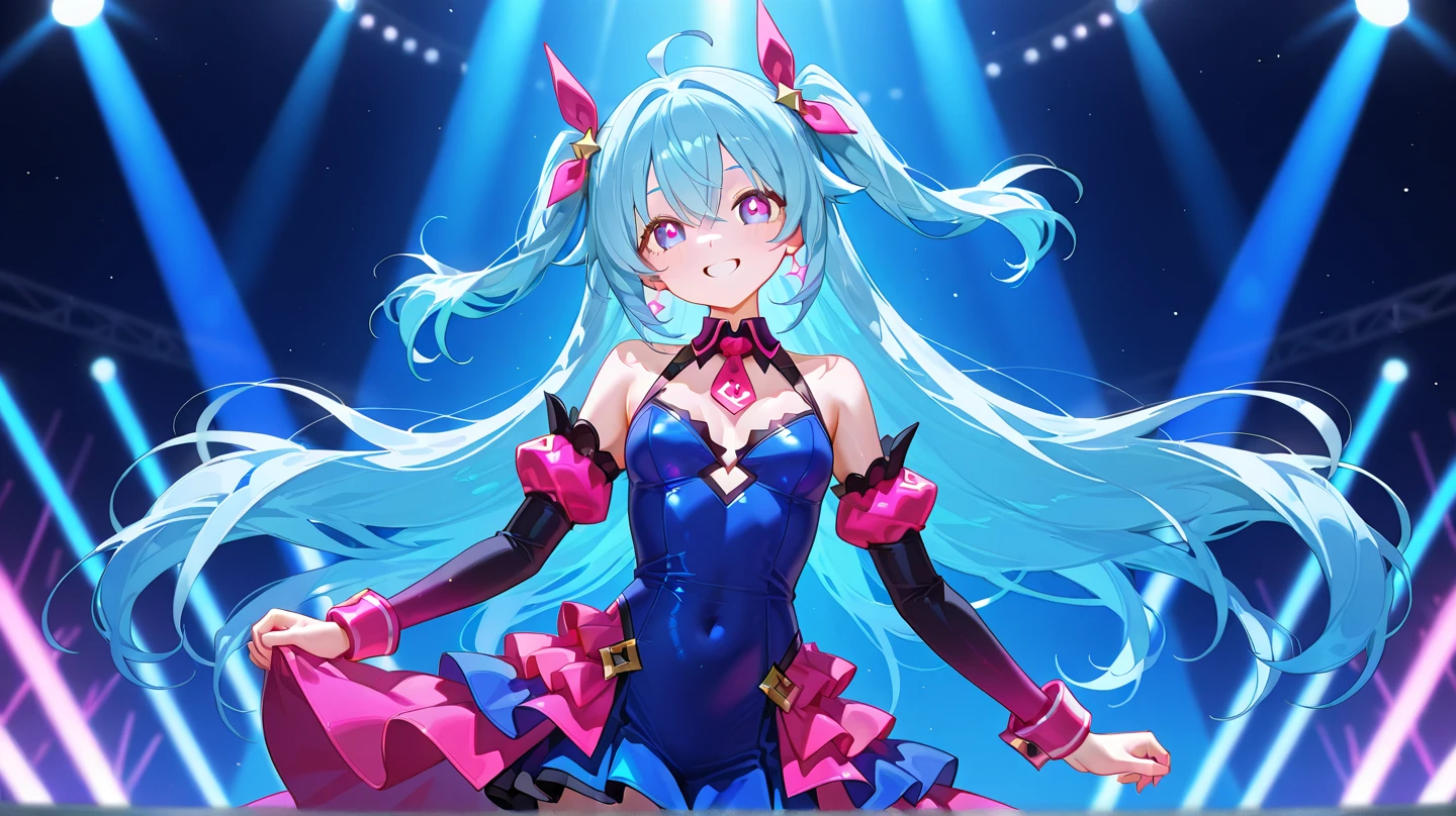 masterpiece,highest quality,1 girl, face focus, blue eyes, close, body suit, Vivid and neon colors, Arms around the waist, Girl surrounded by colorful lights, Pop Stage Setting, Energetic and lively atmosphere, Stage lights and spotlights to illuminate the scene, dynamic pose, Microphone in hand, Sing passionately, Crowd of fans cheering in the background, Floating notes and sound waves in the air