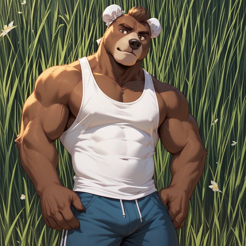 a muscular furry white Bear, polar bear in park, tank top, happy, autumn, vector, mwvector, bokeh, smile, (masterpiece:1.2),(best quality,8k),huge and muscular,thick arms,short hair,white hair