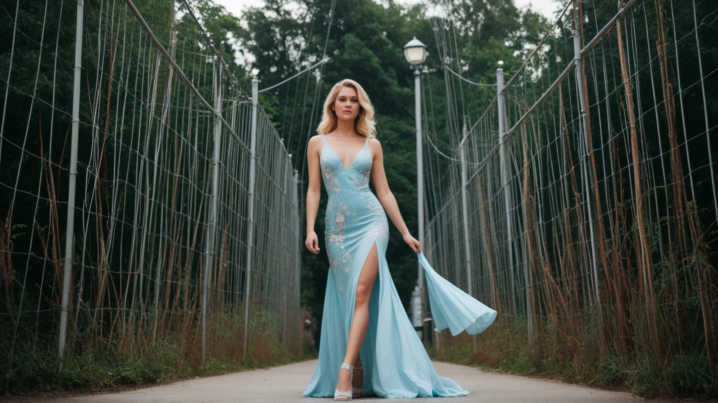 Sitting down on the floor, long poofy silver blue dress, garden, long dirty blonde hair, blue eyes, glass slippers, hands hiding in her lap