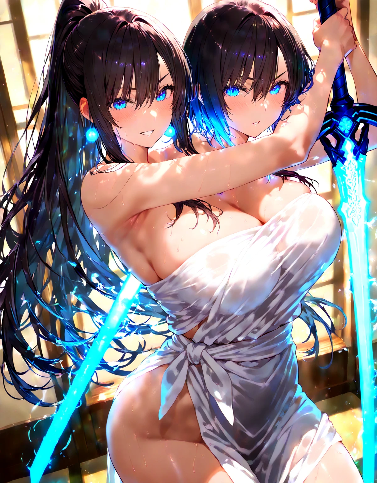Erotic anime images. Super high quality. Asuna, SAO. beautiful woman with big breasts. She is in a dress with transparent skin. Skin transparent black underwear. Angry face. Pose to slap. Yellow liquid is dripping from her crotch.