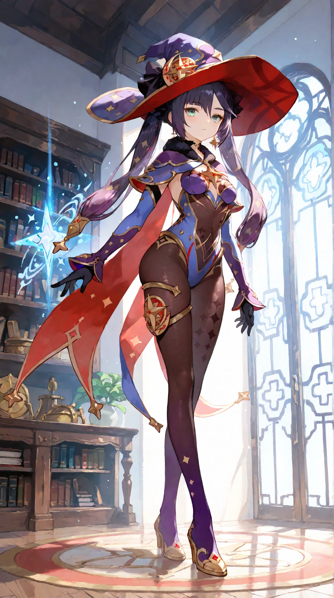 (masterpiece, best quality, ultra-detailed, anime-style, glossy CG-style rendering, dynamic pose), full body, standing, indoor background, elegant magical atmosphere, soft ambient lighting,
Mona Megistus (Genshin Impact), wearing her original purple astrologer outfit with a pointed hat adorned with gold stars, deep purple leotard with gold trim and intricate star patterns, chest window with a magical sigil, long transparent cape with celestial markings flowing from her shoulders, asymmetrical arm covers with black gloves, dark violet tights with subtle constellation designs, high-heeled boots, long dark twin tails with red ribbons, calm expression, pale skin, standing gracefully in a room filled with arcane instruments and bookshelves, parchment and glowing crystals in the background
