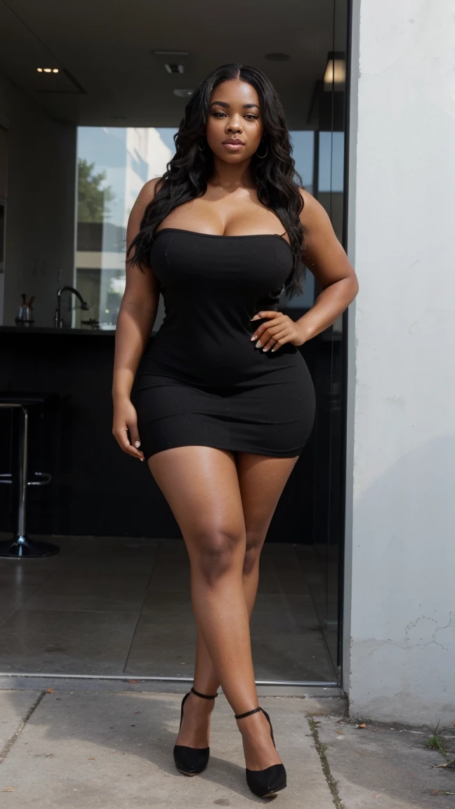 Curvaceous African woman, jovem, Beautiful, without cloths ,olhos grandes, long eye lashes, long flowing dark brown hair, usando vestido, brincos de perola, colar de perolas, seios grandes, Standing in a garden, ruins in background, fotorrealista, high resolution, Front view