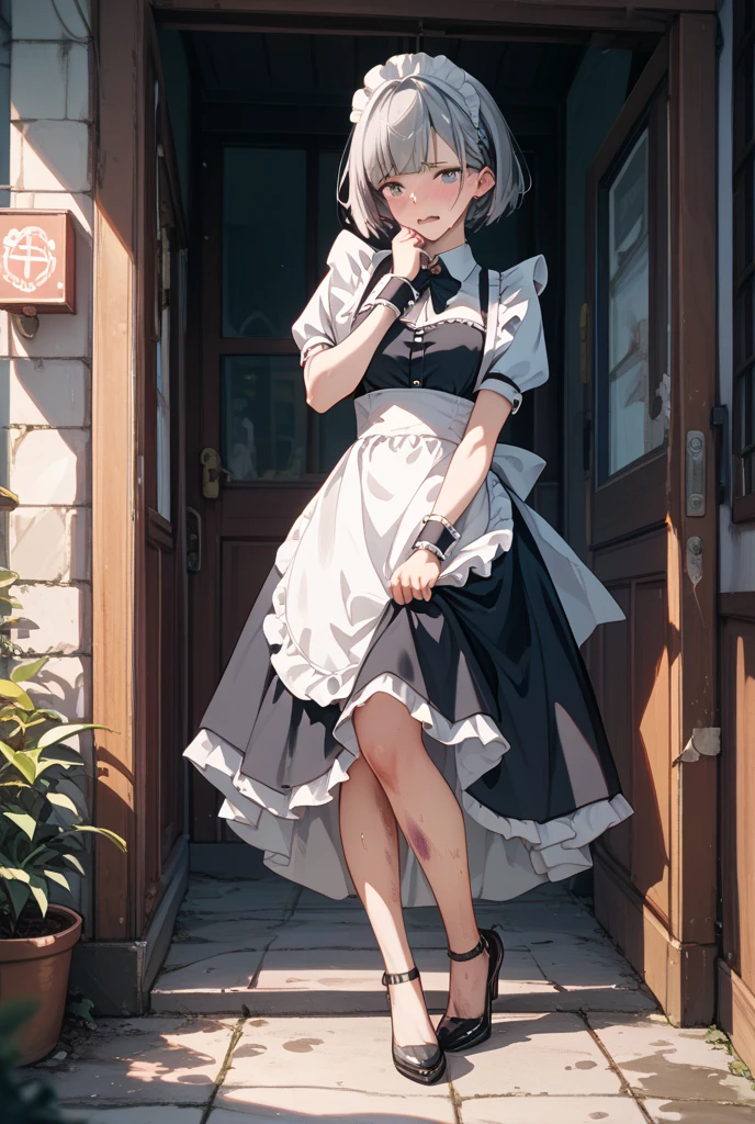Solo Girl, 20-year-old,Medium Hair, Light brown hair, Mid-chest, highest quality, High resolution, Very detailed, Detailed Background, Perfect lighting、Extreme maid outfit、very cute, Blue eyes, a pair of cat ears, Blush, White pantyhose, No shoes on, On the ground, Bind hands and feet, back view
