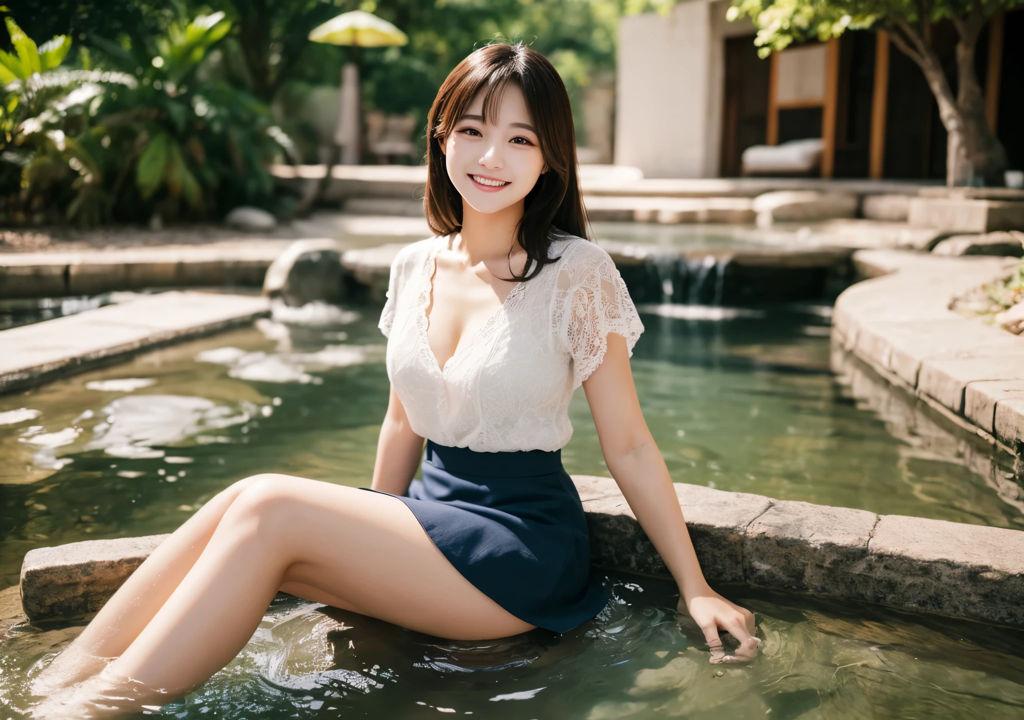 (8K), (Highest quality: 1.2), (Realistic), (Realistic: 1.37), Ultra-high resolution, 1 Girl, cute, smile, Mouth closed, Beautiful details, Beautiful Nose, whole body, Wet Hair, Giant Dalcefo, pork, , Thighs