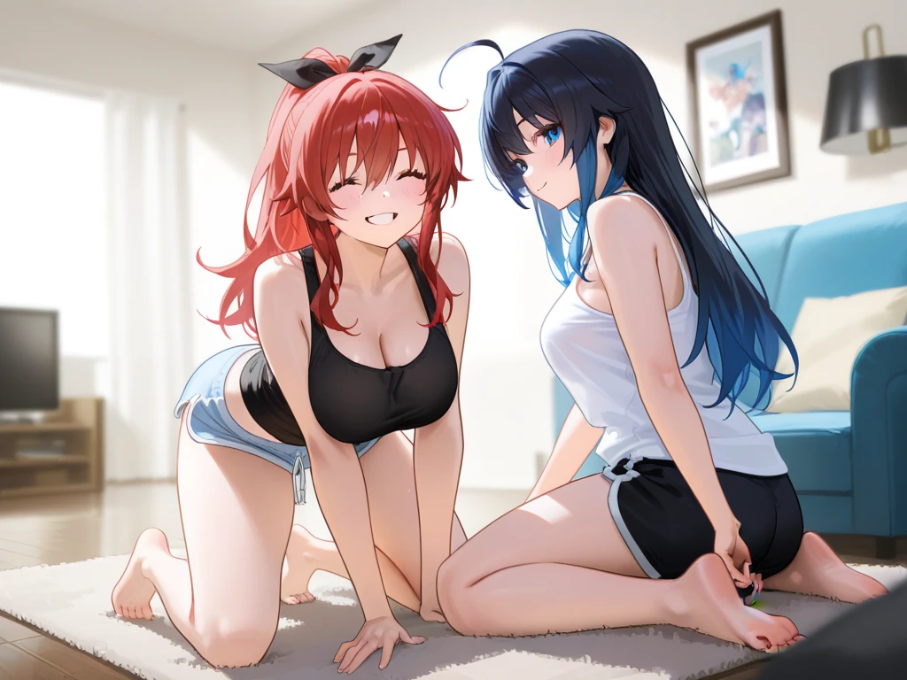 konata izumi, kagami hiiragi, lucky star, best quality, ultra-detailed, high resolution, extremely detailed cg, unity 8k wallpaper, masterpiece, beautiful, perfect body, anime picture, femsub, (arms behind back:1.5), sitting, on floor, indoors, bondage (2girls:1.5), back to back, izumi konata, violet panty, grey bra, Kagami Hiiragi, long hair, twintails, brown hair, blue eyes, blue panty, light brown bra(back to back:1.5), sitting on the floor grasping her knees, looking down, Tape Gag, Tape Bondage