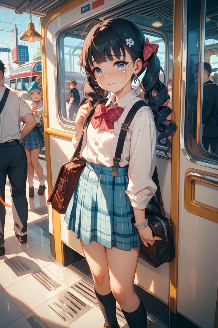 A girl, standing beside the electric train, reality, American girl, Sweet smile,32k,HDR, close up detail view
