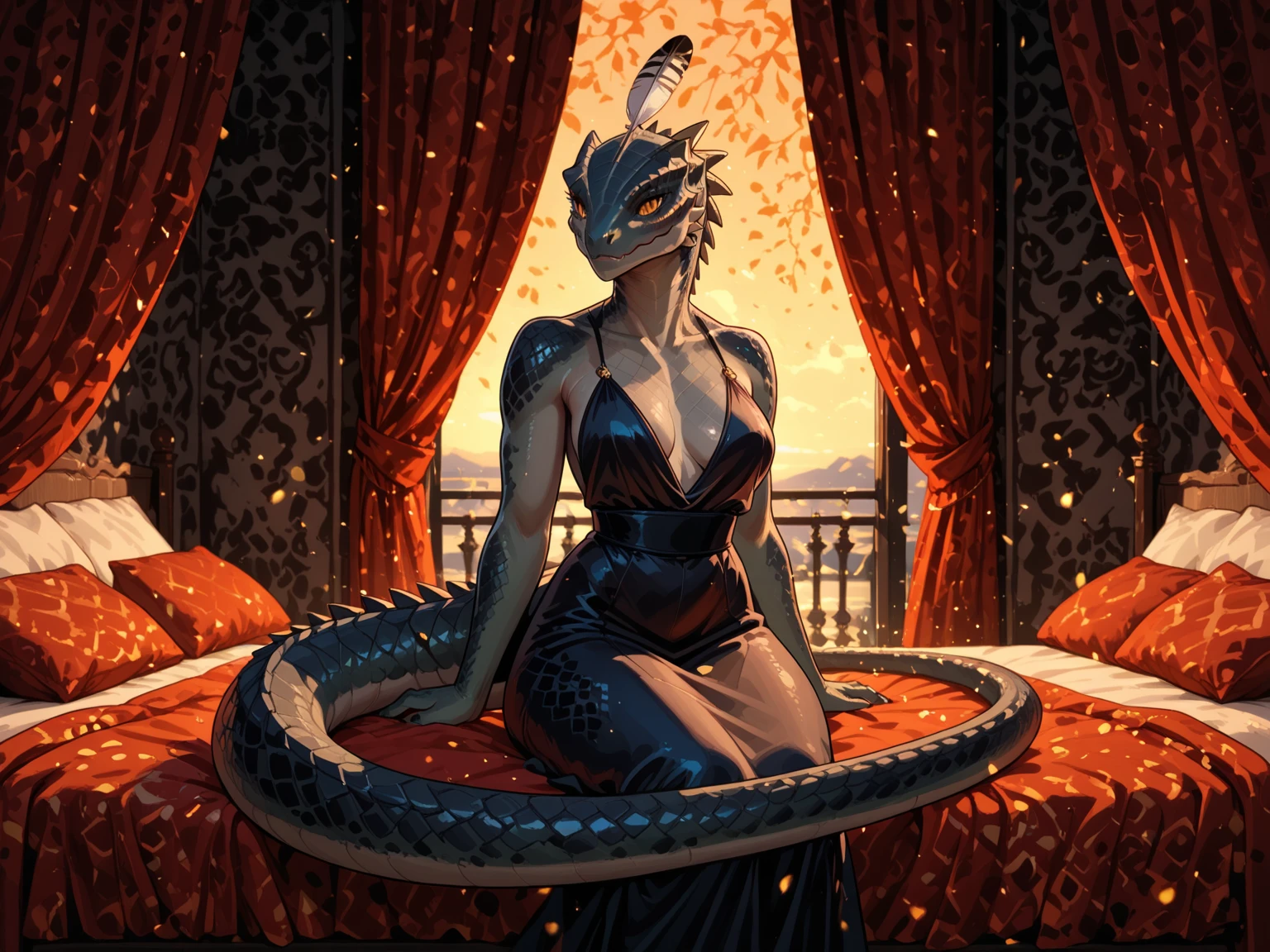 (Best Quality,4k,8K,hight resolution,Masterpiece:1.2),Ultra-detailed,(Realistic,Photorealistic,photo-realistic:1.37),Anthro Dragon,Sexy,Charming eyes,seductively posing,flowing,shimmering scales,long tail,Exquisite facial features,Hands and claws are scrupulously depicted,alluring expression,inviting smile,Sensual lips,enchanting gaze,luscious lips,Feminine curves,bright colours,Rich textures,rainbow skin,Intricate decorations,Luxurious furnishings,luxury bed room,silk sheets,plush velvet curtains,Elegant four-poster bed,Richly decorated chandelier,Soft ambient lighting,Reflections on polished surfaces,Seductive atmosphere,Subtle shadows,atmospheric perspective,dramatic composition,glamour atmosphere,Dark and mysterious atmosphere,An intimate setting,Lush décor,Romantic aura,Exquisite attention to detail,powerfull, but graceful,Mesmerizing presence