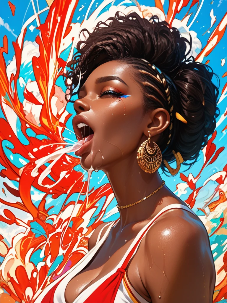 Ebony woman, rainbow curly hair, blast, chapinhar, A cup of strawberry, cores frias e quentes, fechar para cima, Rainbow is splashing radially, Centralizado, perfect compositio, Estilo Vogue, fotografia de comida criativa, softbox, trending on art station, foco nítido, Studio photo, detalhes intrincados, altamente detalhado, Por Greg Rutkowski, capa de revista de moda, gargantilha,(massive breasts, corpo atraente)
