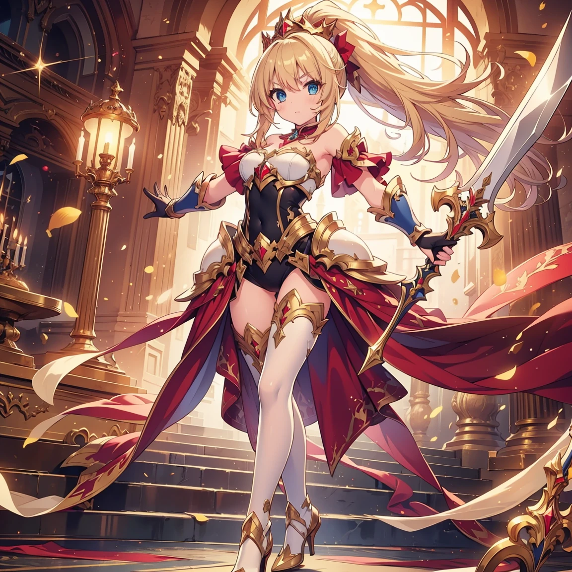 masterpiece, best quality, high resolution, extremely detailed CG, absurdres, 1girl, solo, a girl in armor and a crown holding a large sword, white armor, golden decoration, red_outfit, off-shoulder, thighhighs, long hair, ponytail, blond hair, leg armor, cleavage, crown, gloves, armor, white gloves, high heels, off-shoulder armor, >:)