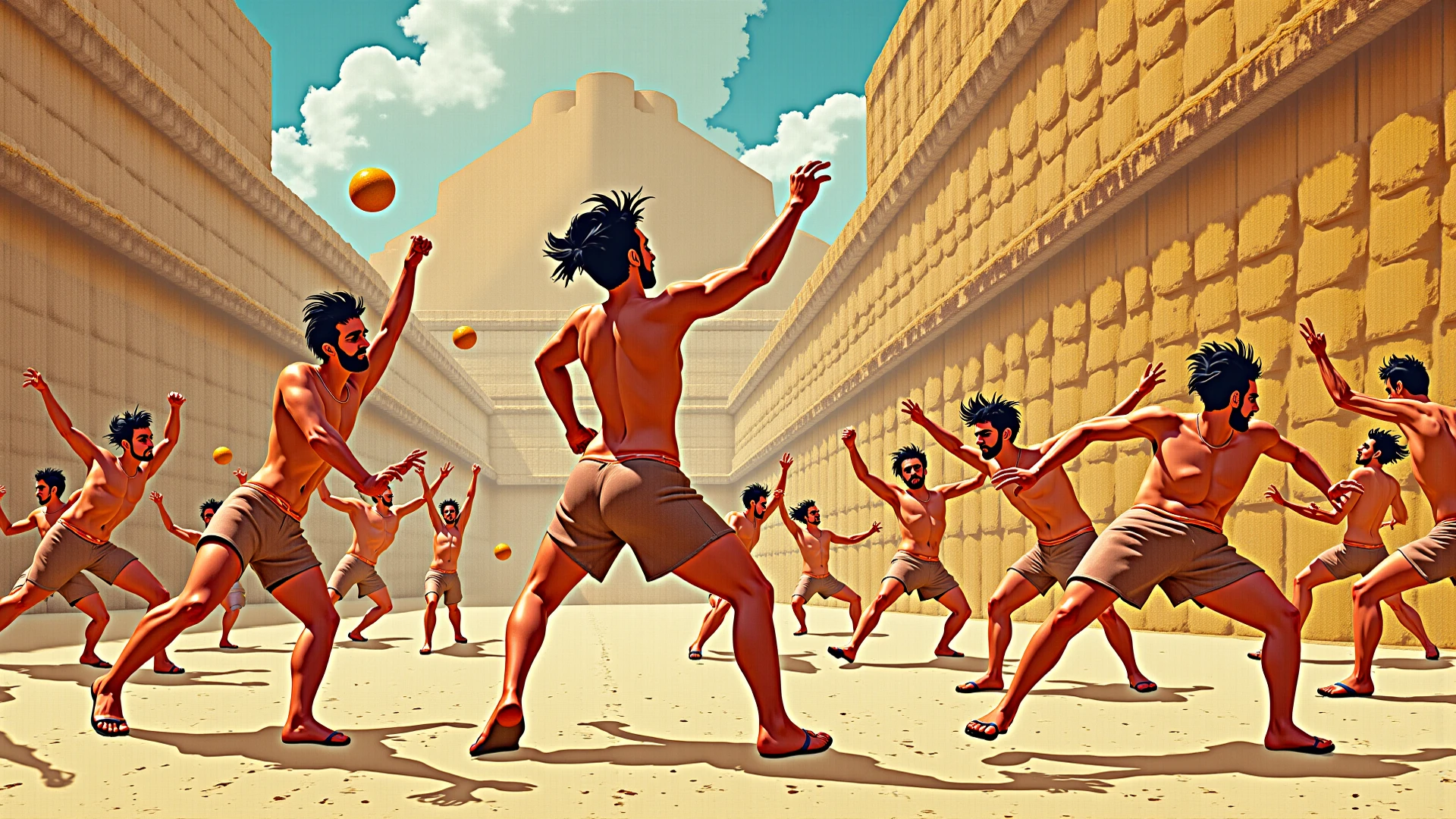 pintura de um grupo de homens jogando uma partida de jogo de bola mesoamericano, membros da tribo atacando, Mitologia asteca, luis ricardo falero, aztec princess fights barbarians, Arte inspiradora, classic mayan mythology, historical artistic depiction, Direction: Robert Scott Lauder, guerreiro yaotl asteca, Direction: Willard Mullin, arquitetura asteca, danza azteca dancers, Um guerreiro asteca
