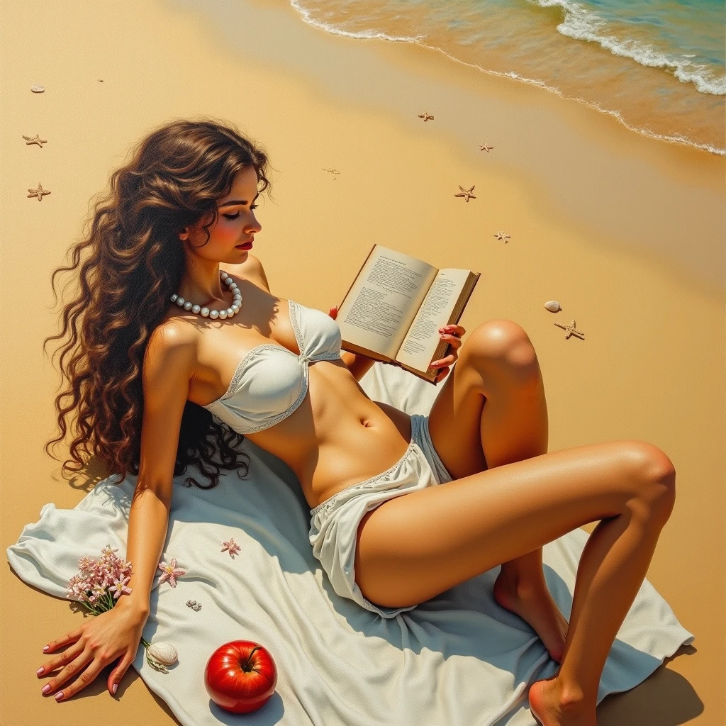 Dessin de style pin-up de 50' , vue du corps entier d'une fille avec une queue de cheval, s'assoit sur une serviette de bain, lire un livre, portant un haut de plage style halter de la vie réelle, la plage, silhouette des gens jouent en arrière plan.