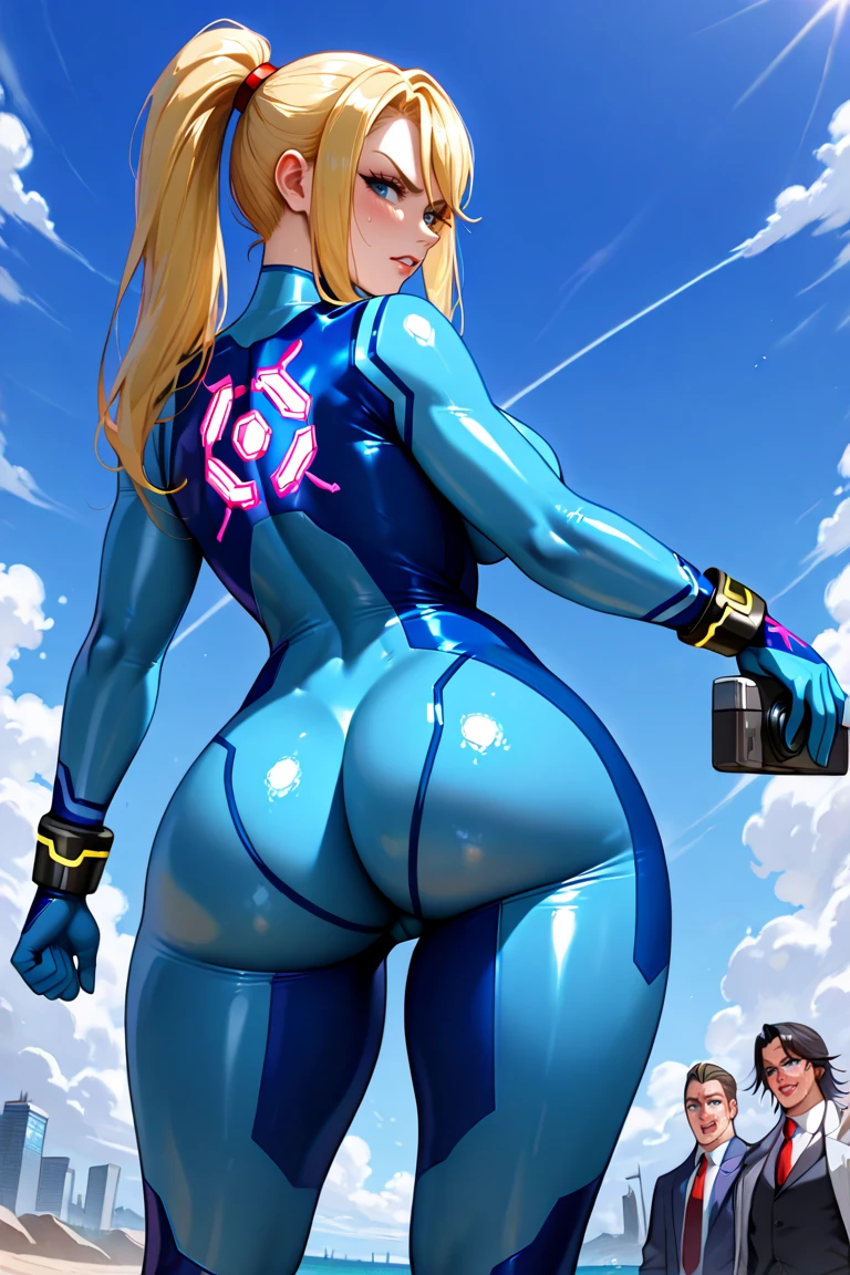 (masterpiece, best quality:1.3), 1female, solo, Samus Aran from Metroid, zero suit, looking at viewer, flat chest, wide hips, big butt, bottom heavy, wide ass, from front, knees buckle, wide hips, tired look, standing, beach, from behind, bikini, sweaty ass, 1/3 view