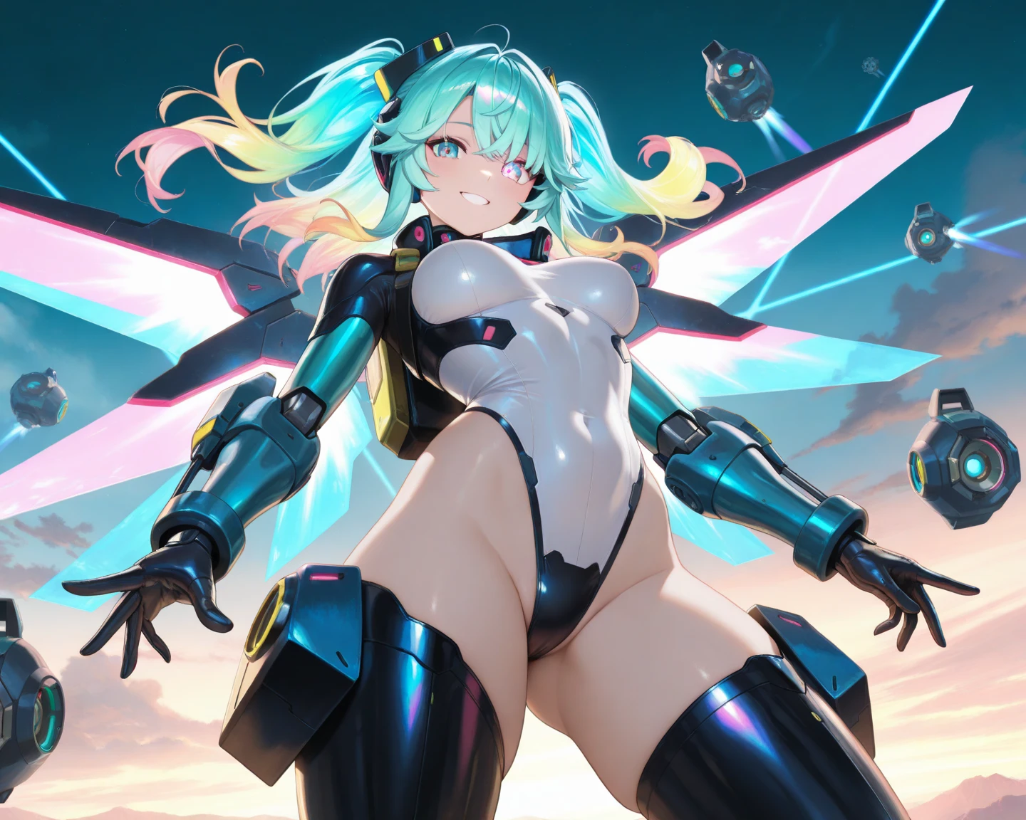 Highest quality、Future World、Cutting-edge cyborgs、Beautiful single woman、Transform into a cyborg except for your face、Sexy Images、Full body photo、(((Twin tail hair)))、(((Flying Woman)))、Anatomically correct、Green Hair、Anatomically correct fingers、In the morning sun、
