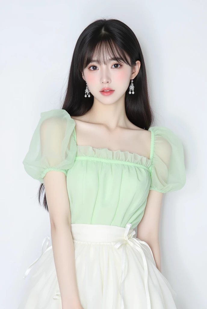 21yo girl, beautiful dress, green background