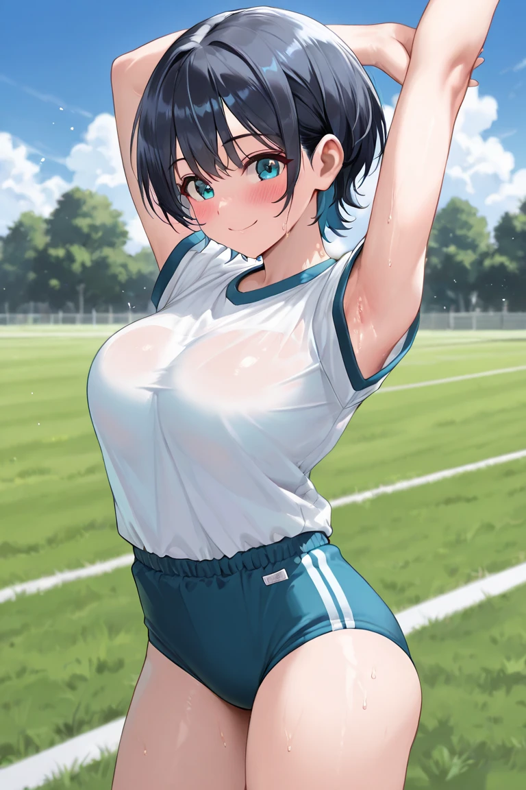 muste piece、masterpiece、highest quality、Super detailed、High resolution、8K portrait、Unity 8k壁紙のHigh definitionCG、cute type little:1.5、Lori:1.5、Highly detailed CG unity 8k wallpaper、Realistic、real person、 portrait photography、shiny skin、High definition、(16 years old:1.2)、(1 girl)、beautiful clear eyes、extremely detailed description、delicate face、nice lips、slender body、small breasts 同 thin waist、thin legs、(Atlantic stadium track:1.6)、1 girl, cute type, perfect face, seriously, (blush:1.5),(brown hair bob hair:1.3),small breasts 同,((short sleeve gym clothes:1.2)),((clothes lift:1.5)), ((half nude:1.3)),((climax in vagina:1.5)),(looking at view:1.2),(from front:1.2),(hand behind breasts:1.2)