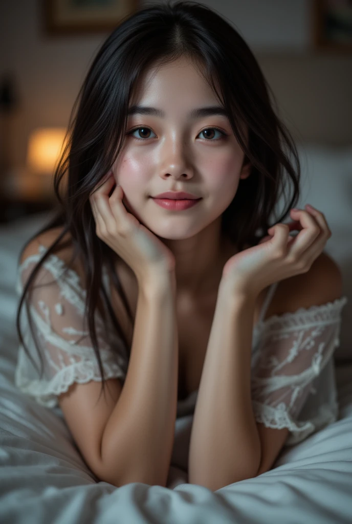 A beautiful fair girl lying on bed smiling in bra with a good collarbone selfie .. straight hair black coloured with no teeth visible in the pic of the girl