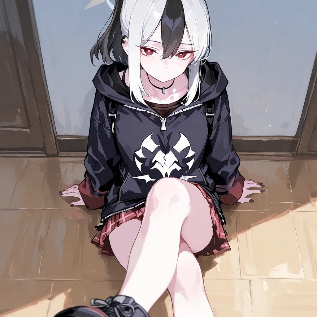 kayokoonikata, kayoko onikata, black hair, demon horns, hair between eyes, halo, horns, long hair, low wings, mole, mole on collarbone, multicolored hair, ponytail, (red eyes:1.5), single wing, two-tone hair, white hair, wings, black ponytail,
BREAK black hoodie, choker, hood, hoodie, pleated skirt, skirt, red skirt,
solo, lying on back, arms up, spread arms, on grass, smile, (cowboy shot:1.5) closed mouth, looking at viewer, masterpiece, best quality, smile,
BREAK (masterpiece:1.2), best quality, high resolution, unity 8k wallpaper, (illustration:0.8), (beautiful detailed eyes:1.6), extremely detailed face, perfect lighting, extremely detailed CG, (perfect hands, perfect anatomy),