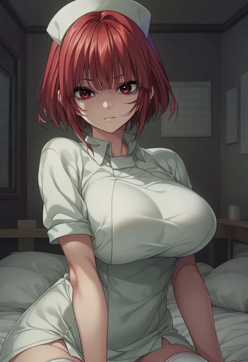 1girl, makima, Chainsow Man, breasts, solo, skirt, huge_thighs, hair, eyes, hair ribbon, ribbon, looking at viewer, pleated_skirt, shirt, open lips, big breasts, red skirt, black thigh high, open shirt, white shirt, open clothes, indoors, short sleeves, collarbone, zettai_ryouiki, unbuttoned, no bra, blush, cowboy_shot, skindentation, red_ribbon, collar, unbuttoned shirt, partially unbuttoned, shiny, thick_thighs, arms behind the back, miniskirt, cleavage, shirt_dress, in bed, glowing skin