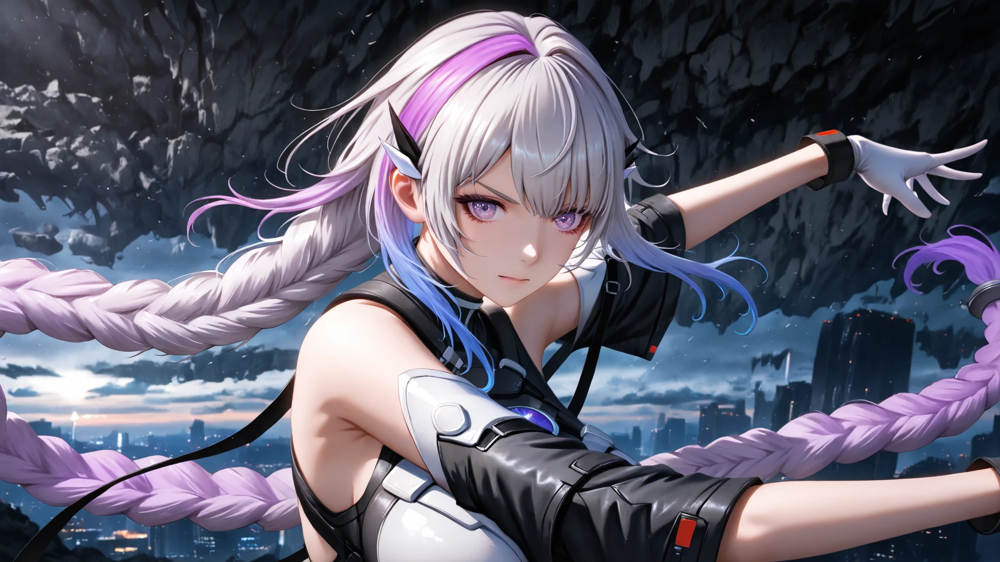detailed、1 character、pastel washed out colors、cell shade、Soft and calm colors、gentle color、Blue archive art style、Sword Art Online and wearing futuristic style clothes、Beautiful woman、small breasts、Short silver bob hair in a bun with a hair clip、pink eyes、From the side、gloves、bright smile、upper body close-up、blue sky、on the large terrace、sharp outline