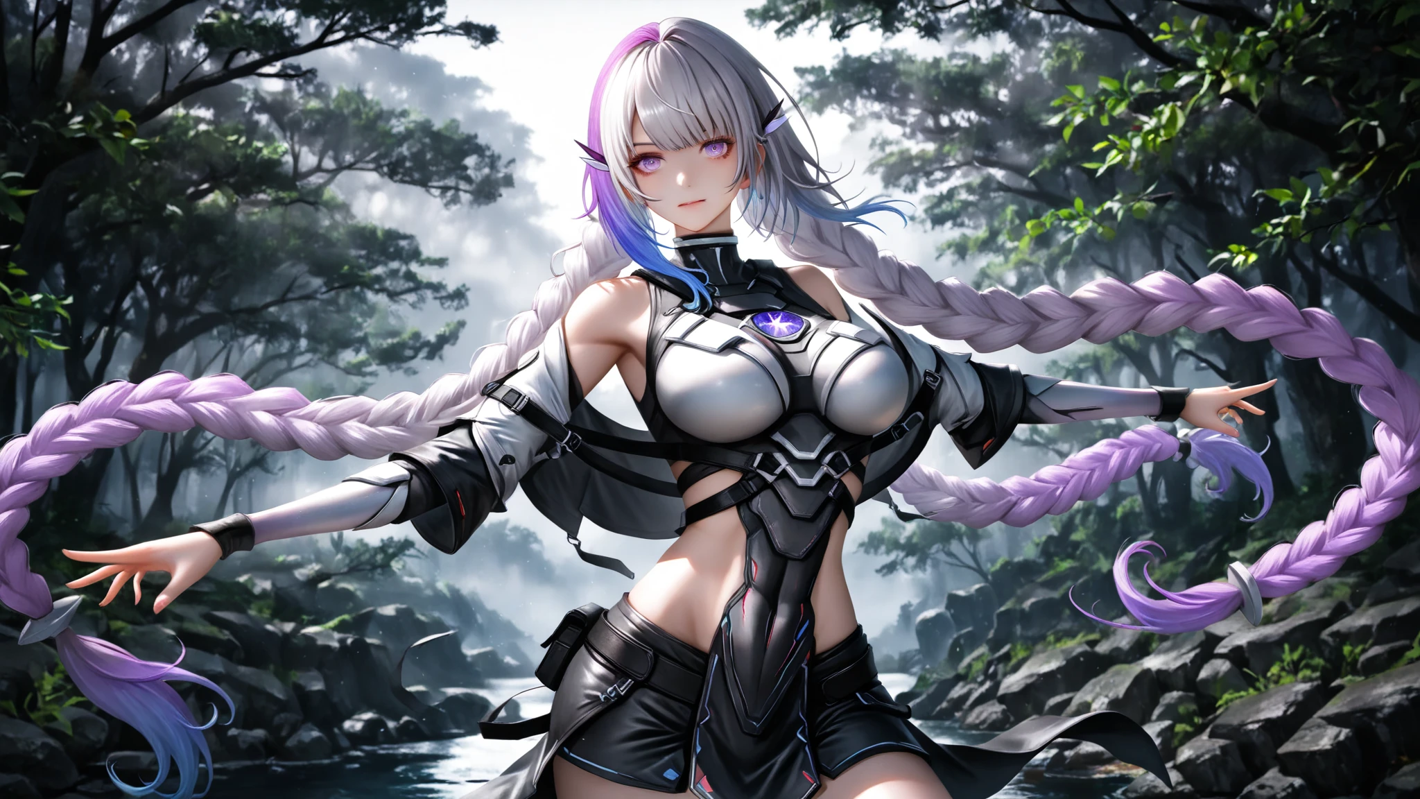 4k,High resolution,One Woman,White purple hair,long hair,Braid,Blue Eyes,Big Breasts,knight,High leg leotard,Bite,Knight's Armor,Black tights,Boots,Long sword,in the forest