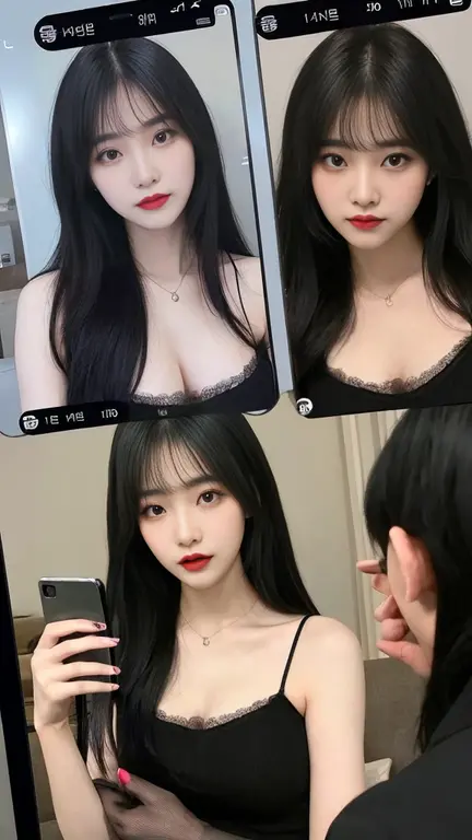 (high quality), (SFW), (vertical split screen:1.6), (Various scans:1.5), (A mature prostitute who enjoys a smartphone chat app with numerous Korean adult men.... : 1.6), (20-year-old Korean girl : 1.5), (The girl has dyed hair and pretty face makeup... : 1.4), (She is wearing a feminine dress and stockings..., Sitting on bed wearing strappy high heels and chatting online with several men.....), Her smartphone display shows numerous Korean adult men chatting with her....., Chat language is English., (The man is waiting for her answer.,:1.4), A pop-up window will appear on both her and his smartphones......, Each other'chat history, Online Profiles and Photos, And the man looks at her smartphone screen and waits for her answer......, He and she take turns messaging on a chat app..., her time is night,