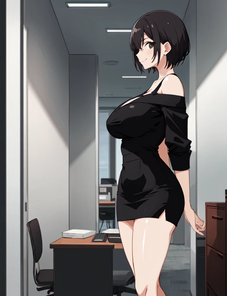 <lora:SooAh_V2:1> sooahdef, 1girl, breasts, solo, cleavage, blush, large breasts, mature female, window, indoors, collarbone, short hair, short sleeves, looking to the side, standing, closed mouth, looking away, shiny, lips, shiny skin, dress, hair behind ear, black dress