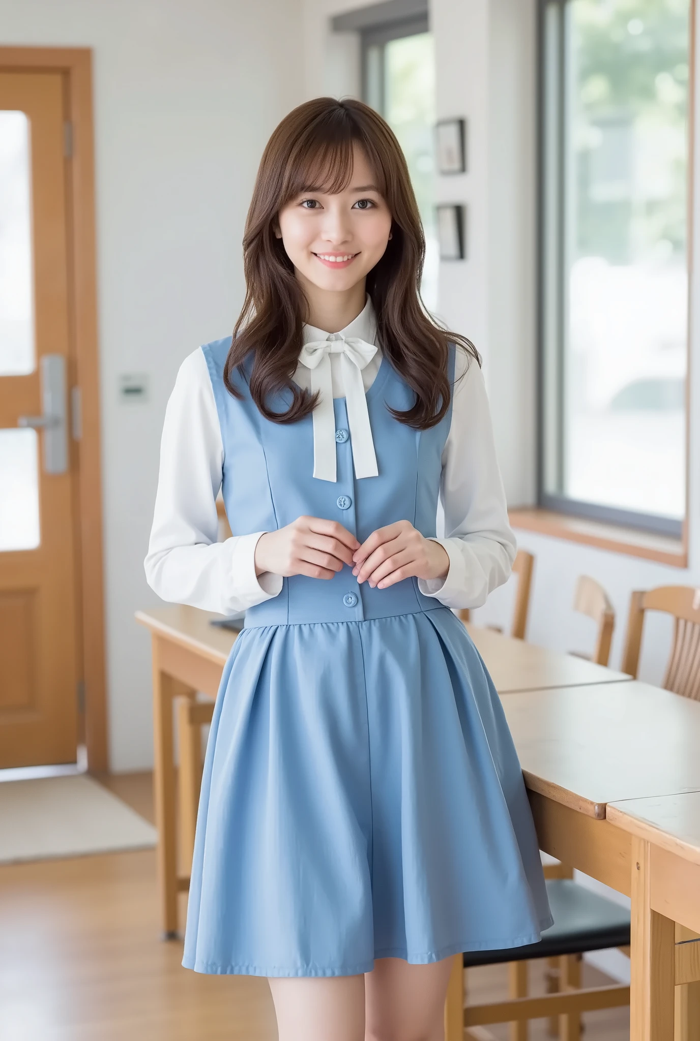 Create a realistic photograph of a beautiful Japanese female idol portrait. She should have a slender body, small bust, and slender legs, with medium-length hair. The outfit should feature a stylish yet modest JK (Joshi Kousei) uniform that combines elegance with cuteness. Capture her in a cute pose, smiling, and set the scene in a school environment.