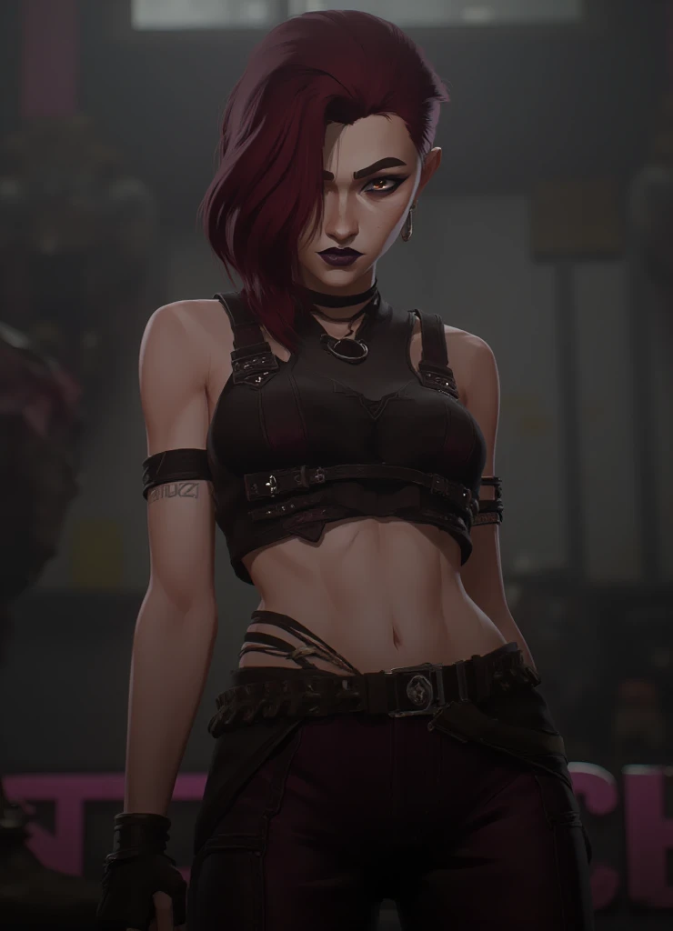 arcane style, 

1girl, abs, alternate costume, arm tattoo, portrait, asymmetrical bangs, bandaid, short hair, bangs, breasts, freckles, grey eyes, large breasts, looking at viewer, neck tattoo, nose piercing, piercing, pink hair, scar, scar on face, scar on mouth, solo, stomach, tattooon face, teeth, upper body, white background, vi \(league of legends\)

, ((masterpiece))

<lora:arcane_offset:1>